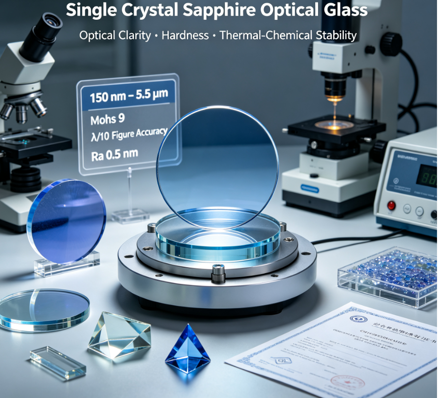 Single crystal sapphire optical glass is a synthetically grown aluminum oxide Al₂O₃ material manufactured through Kyropoulos, Czochralski and EFG methods. Sapphire optical components offer Mohs hardness 9, broadband transmission from 150 nm UV to 5.5 μm mid-IR, scratch and erosion resistance, thermal and chemical stability, and are used for optical blanks, polished windows, lenses, prisms, viewports and custom machined components with ISO 9001 quality and NIST-traceable metrology documentation