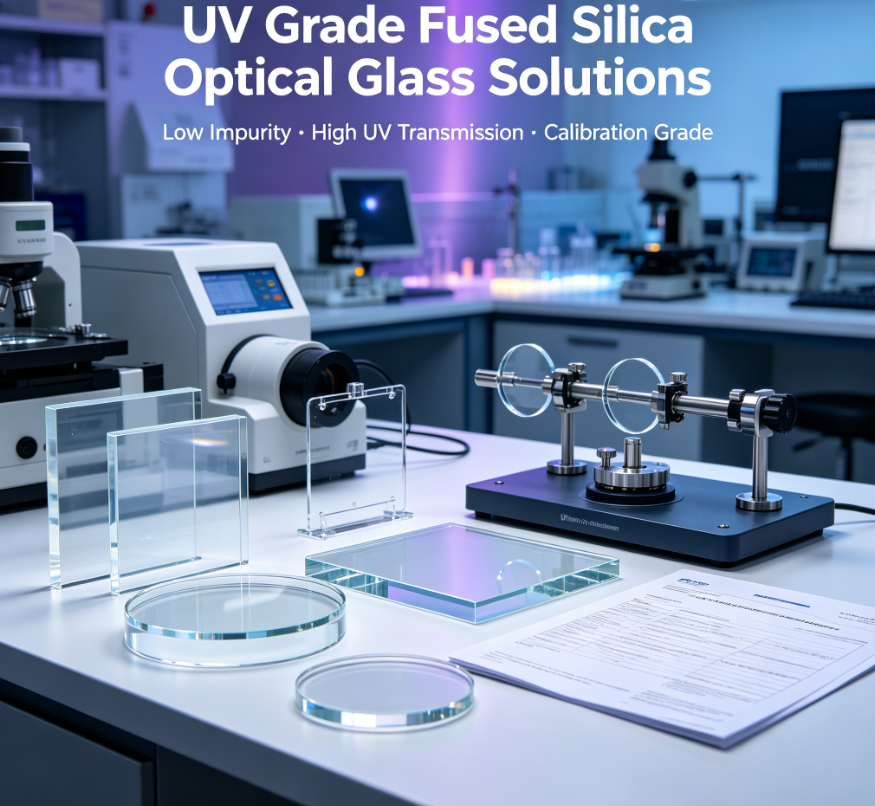 UV grade fused silica optical glass solutions, low-impurity UV-transparent fused silica optical blanks, substrates and precision windows for university spectroscopy laboratories, UV testing instrument manufacturers and optical calibration equipment builders. Controlled birefringence, verified transmission performance and documented quality traceability for repeatable measurement results in demanding optical systems