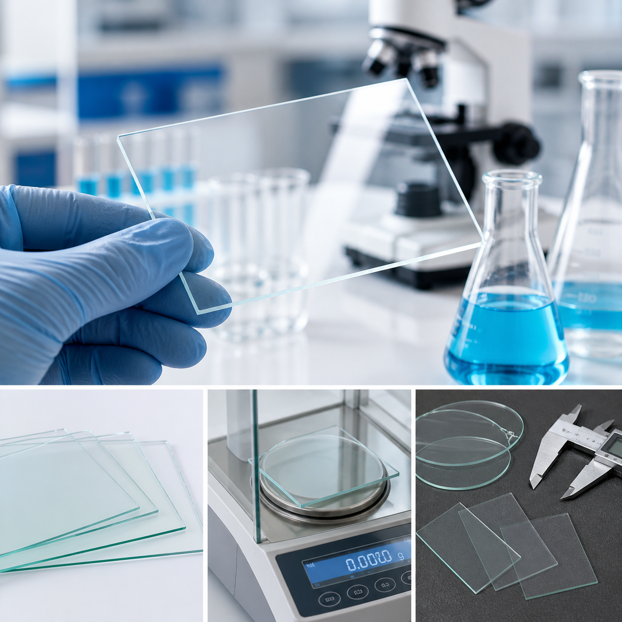 Gloved hand holding transparent microscope cover glass inside biological laboratory