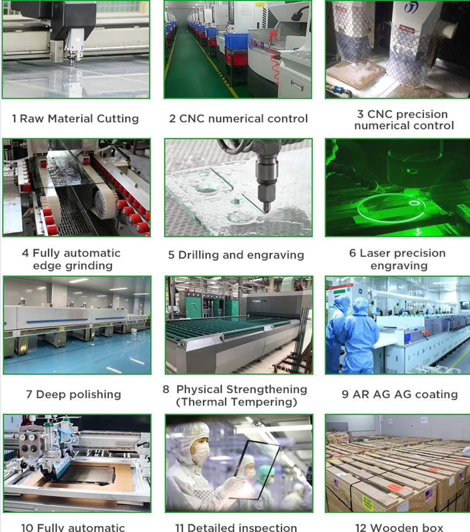 Felix Glass full production workflow for industrial display cover glass, CNC machining, polishing, coating and inspection