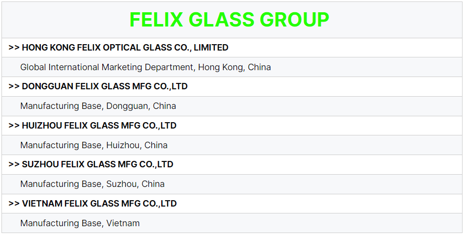 Sales Director James Fu from Felix Glass, contact info poster for optical glass deep‑processing factory