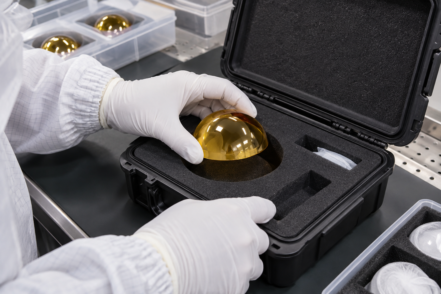 Operator visually inspecting an infrared dome under illumination Felix Glass