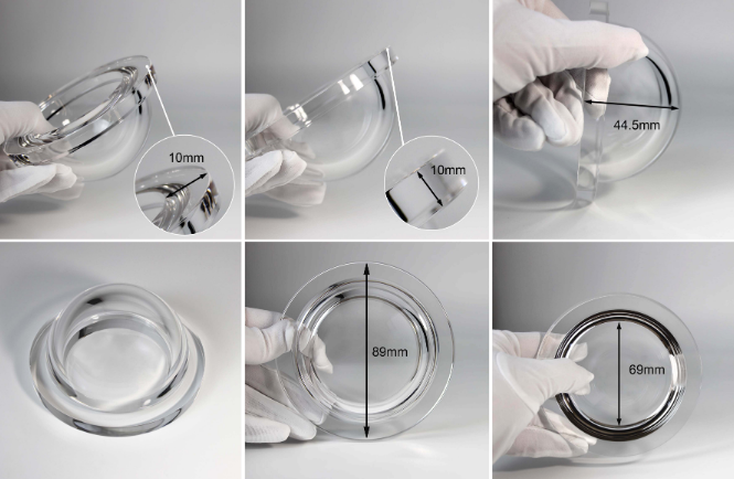 Close-up of fused silica underwater dome port and mounting flange
