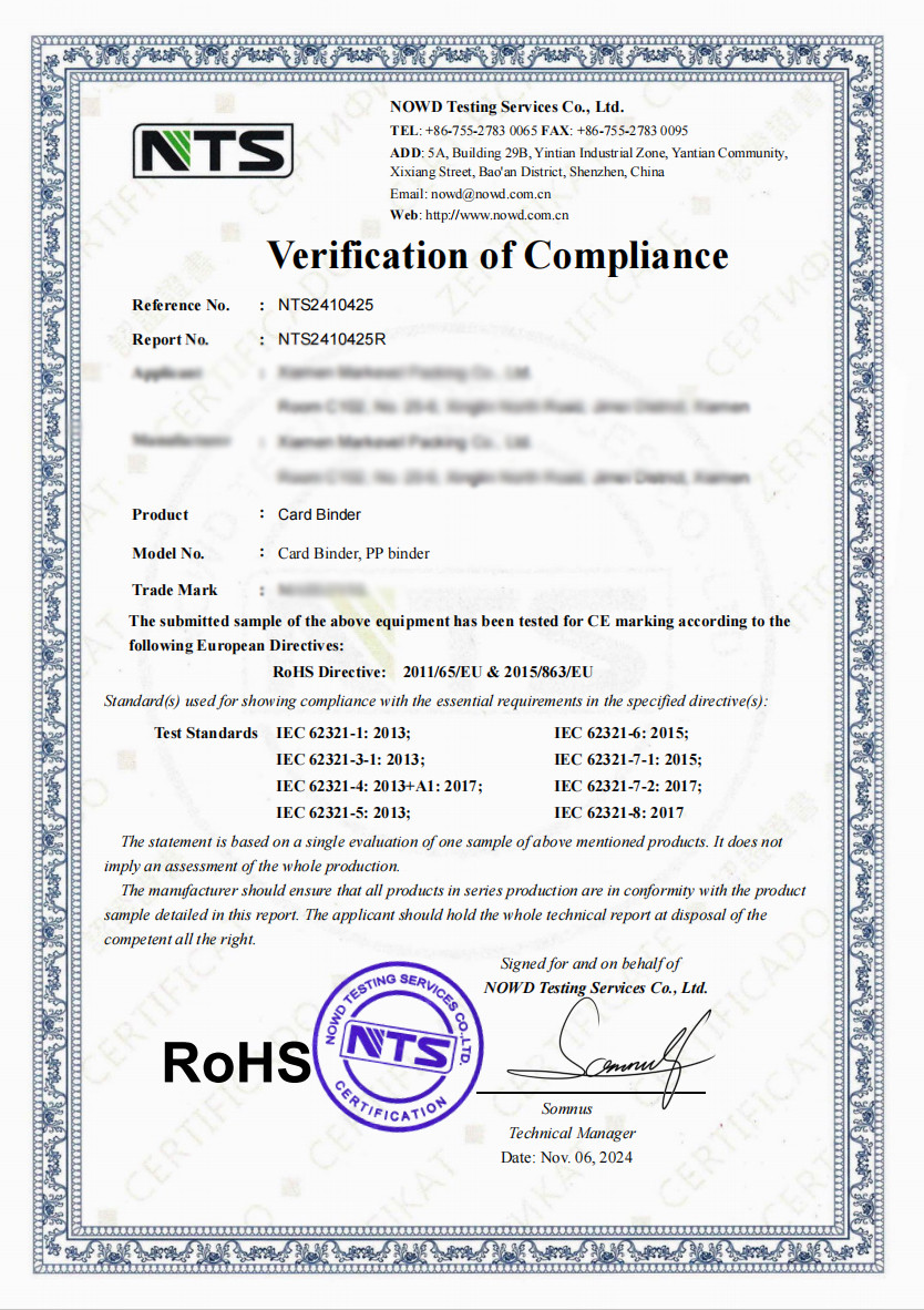 Card binder product certificate