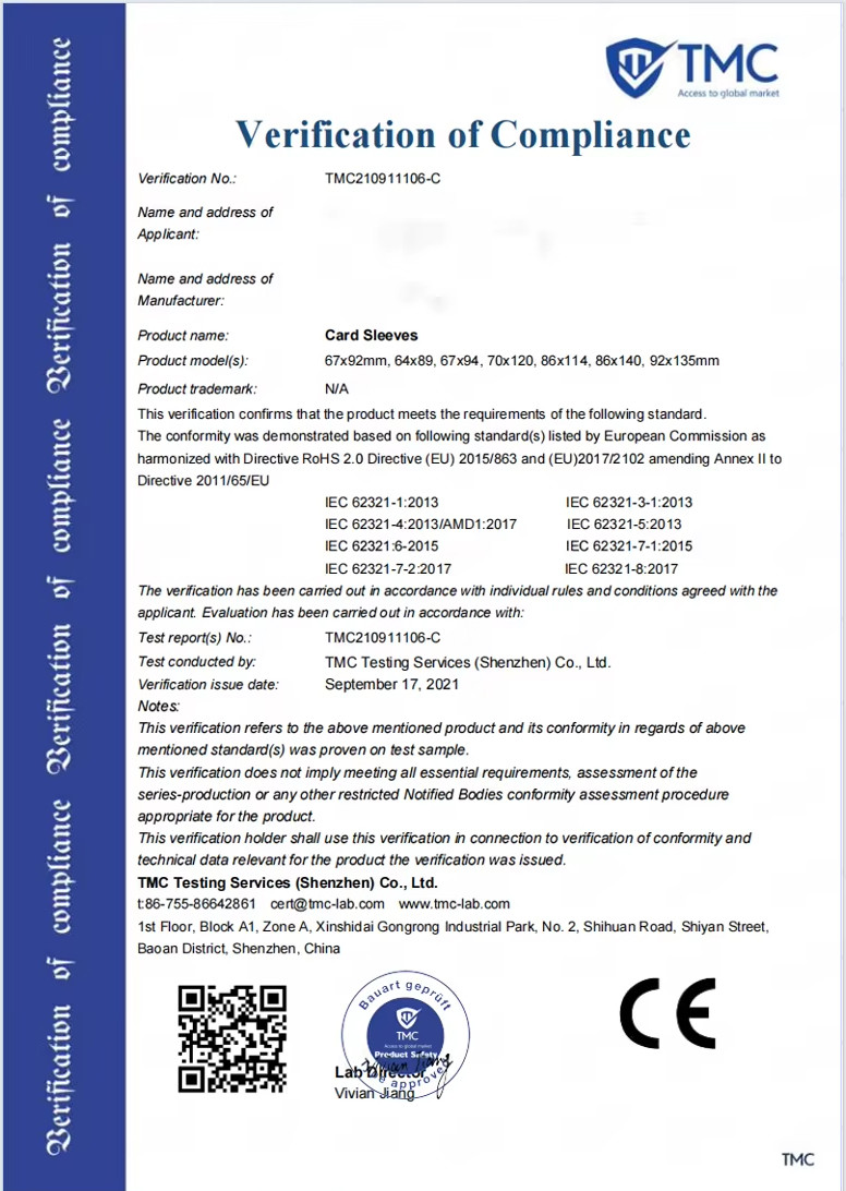 card sleeves CE certificate
