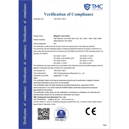 Magnetic card holder product certificate