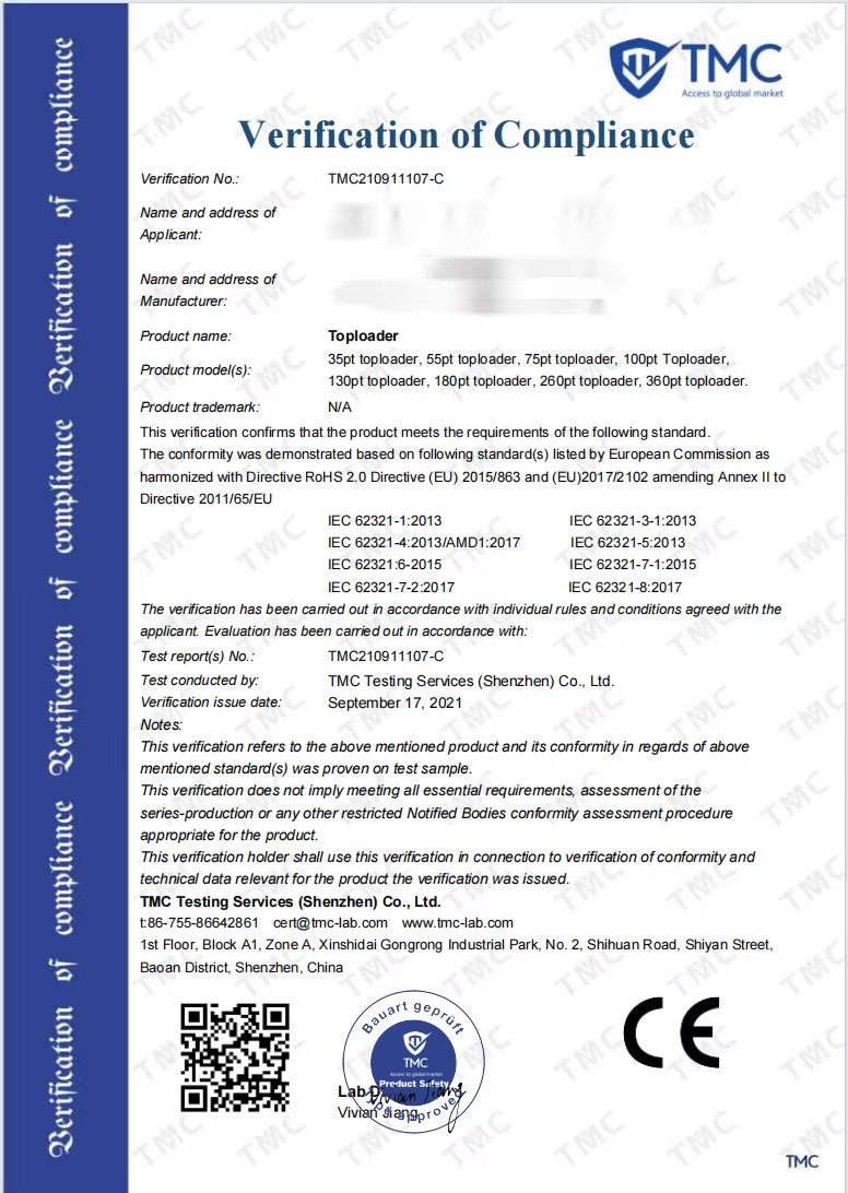Toploader CE Certificate