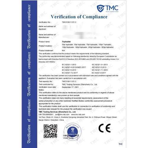 Toploader CE Certificate