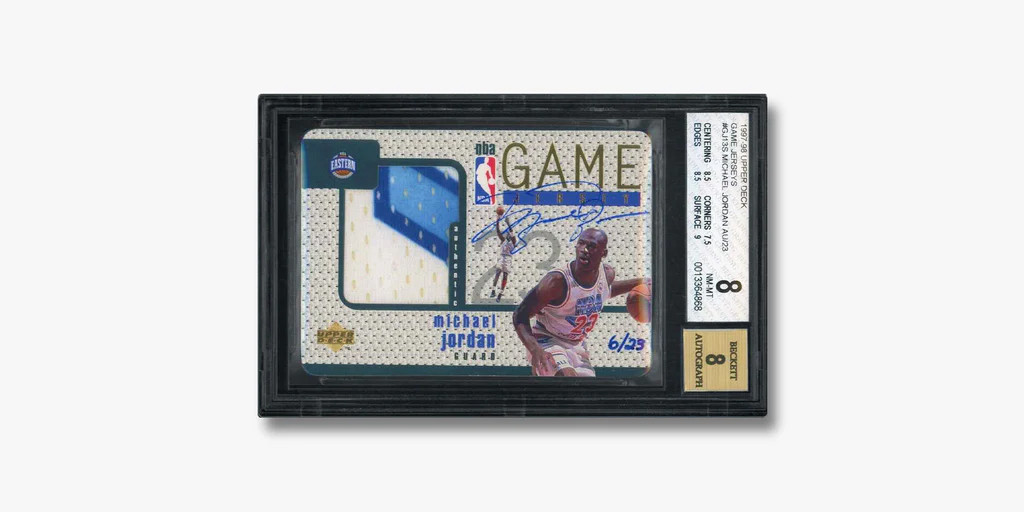 Michael Jordan 1997 Upper Deck card in a Guard TCG toploader