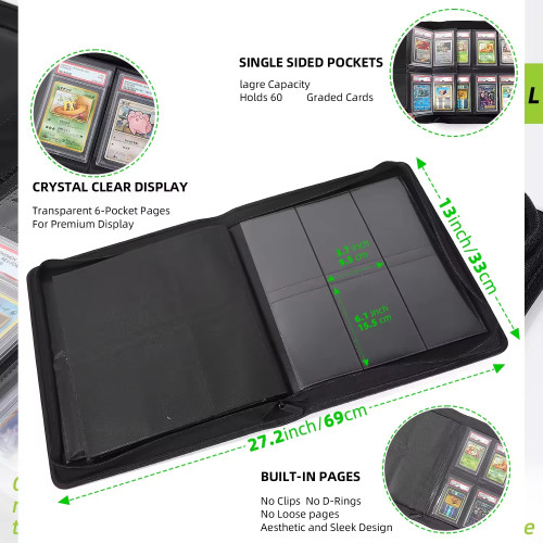 Graded Card Binder Holds 60 Graded Slab Premium Trading Card CGC CSG FGS FCG BGS 6 Pocket Graded Card Binder