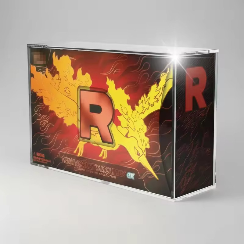 Clear Pokemon UPC display case sized for a compact sealed booster box