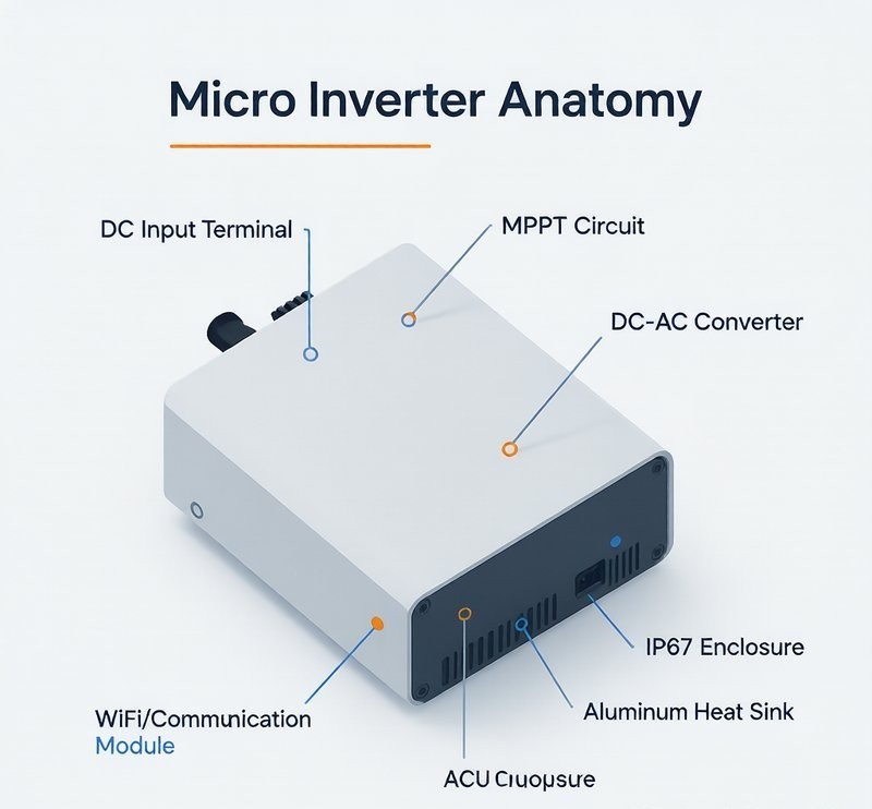Micro inverter anatomy diagram showing DC input, MPPT, DC-AC converter, AC output, and communication module