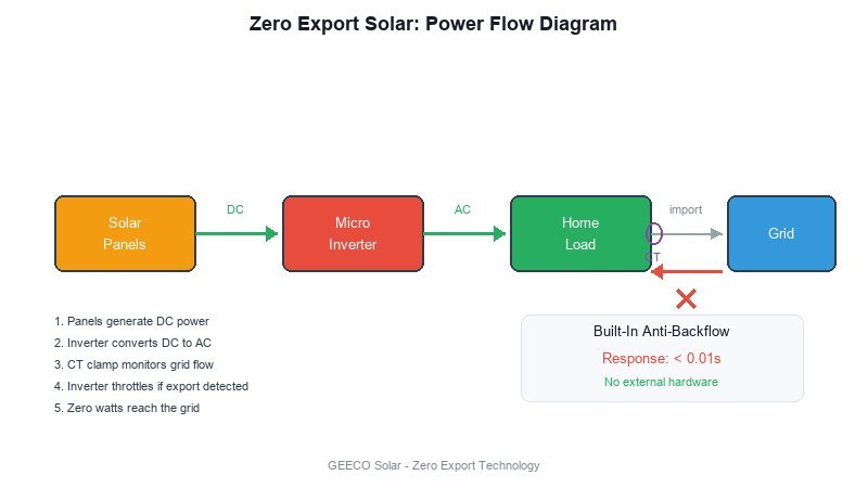 Zero export solar inverter system diagram showing grid connection point and anti-backflow control loop
