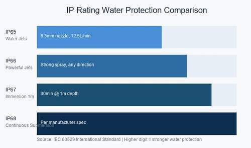 IP65 vs IP67 vs IP68 water protection comparison chart