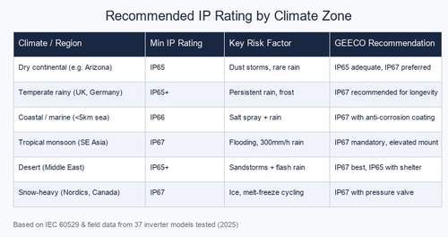 Climate zone IP rating recommendation table