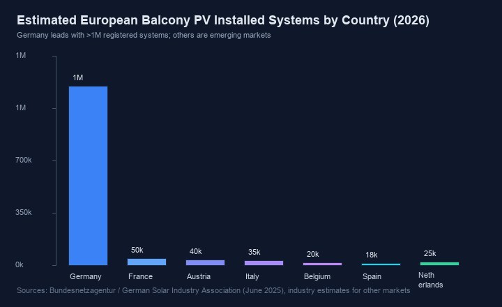 Estimated European balcony PV installed systems by country 2026