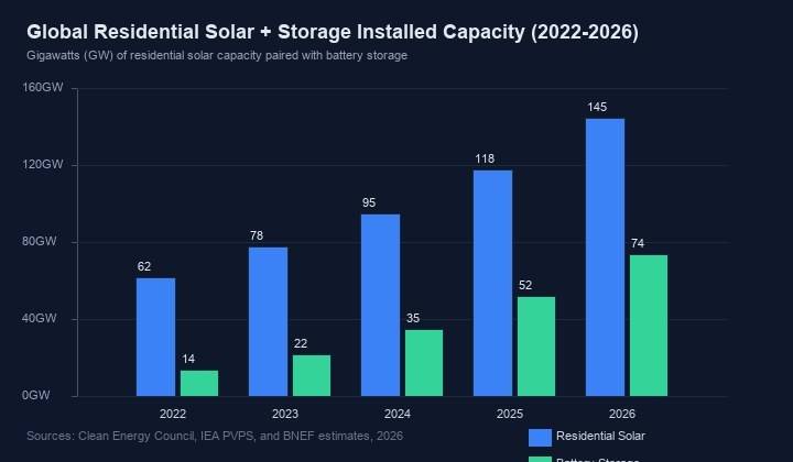 Global residential solar and storage capacity growth 2022-2026