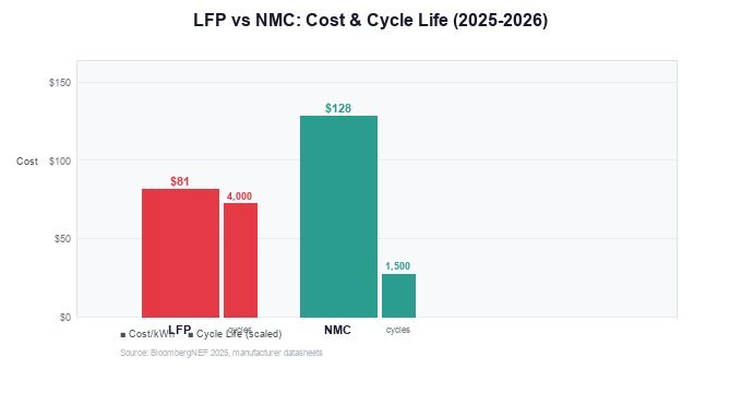 LFP vs NMC cost and cycle life comparison chart