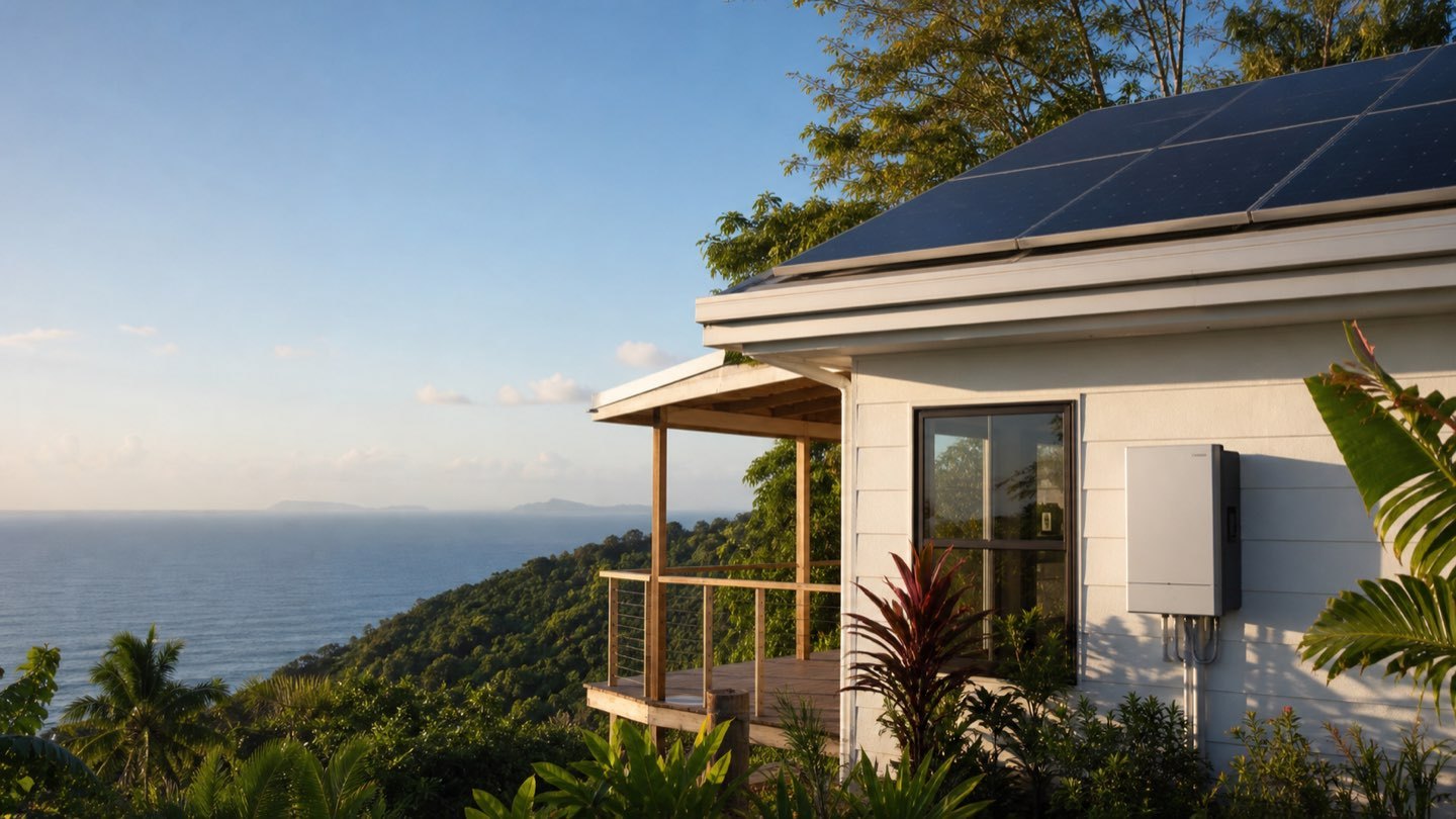 An off-grid solar and storage system powering a tropical island home