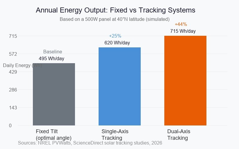 Annual energy output comparison: fixed tilt vs single-axis vs dual-axis tracking