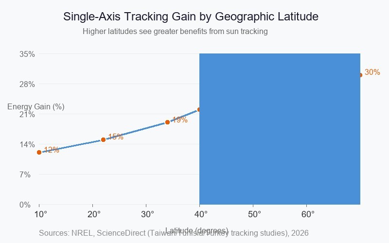 Single-axis tracking energy gain by latitude