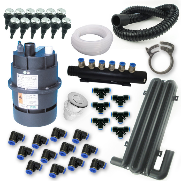 Spa Air System | Wholesale | Full Whirlpool Bathtub Air Jet System with 12 Outlet Jets, Silent Air Blower, Air Hoses, Connectors, Safety Loop and User Control Button