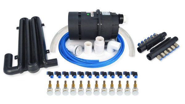 Kits de spa à air | Vente en gros depuis l'usine | Kit de spa efficace à 12 jets d'air avec soufflerie silencieuse, double collecteur et kit de raccordement complet en PVC – Idéal pour l'intégration d'un bain à remous