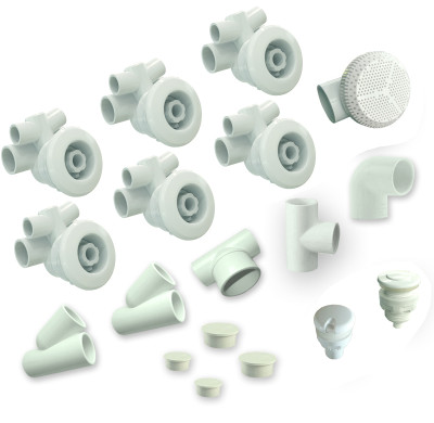 Spa Jet System | Wholesale | White-Finish Whirlpool Jet System with 6 Large D90mm Jets, Air Control & Full Plumbing Kit – For Stylish, High-Flow Spa Bath Integration