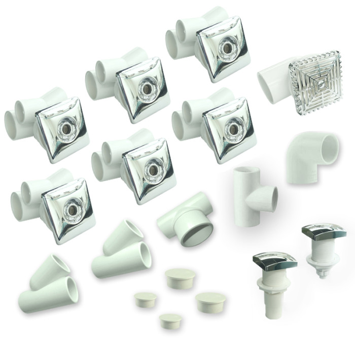 Spa Jet System F01 | Modern Square Jet System with 6 Slim D65mm Jets, Air Control & Compact Plumbing Kit – Designed for Sleek Whirlpool Bathtub Designs