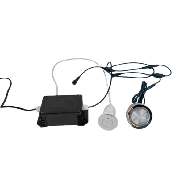 Bathtub LED Lights System CS-300 | Wholesale | 67mm LED Bathtub Light System with Stainless Steel Cover – Includes Push Button (AR-F01A), Control Box and Clear PVC Hose – Manual and Auto Color Change Options for Whirlpool and Spa Projects