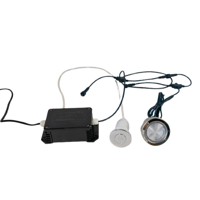 Bathtub LED Lights System CS-300 | Wholesale | 67mm LED Bathtub Light System with Stainless Steel Cover – Includes Push Button (AR-F01A), Control Box and Clear PVC Hose – Manual and Auto Color Change Options for Whirlpool and Spa Projects
