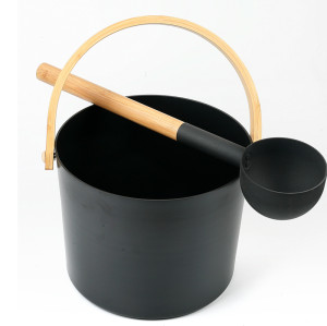 Sauna Bucket and Ladle Set V-B075 | Wholesale | Powder Coating Alu. Bucket and Ladles with Bamboo Handle | Support OEM and ODM