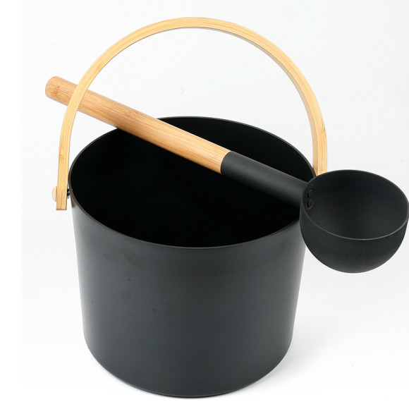 Sauna Bucket and Ladle Set V-B075 | Wholesale | Powder Coating Alu. Bucket and Ladles with Bamboo Handle | Support OEM and ODM