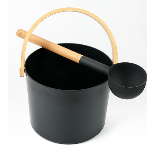 Sauna Bucket and Ladle Set V-B075 | Wholesale | Powder Coating Alu. Bucket and Ladles with Bamboo Handle | Support OEM and ODM