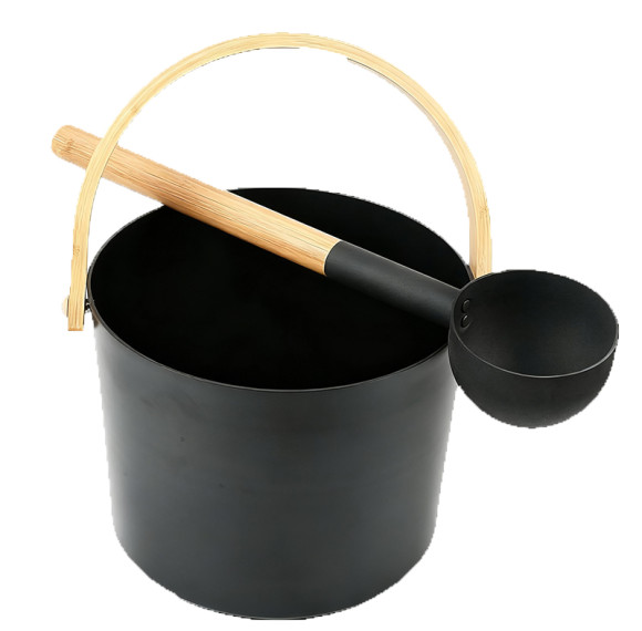 Sauna Bucket and Ladle Set V-B075 | Wholesale | Powder Coating Alu. Bucket and Ladles  with Bamboo Handle | Support OEM and ODM