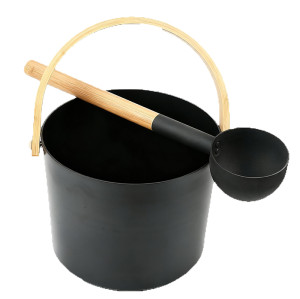 Sauna Bucket and Ladle Set V-B075 | Wholesale | Powder Coating Alu. Bucket and Ladles with Bamboo Handle | Support OEM and ODM