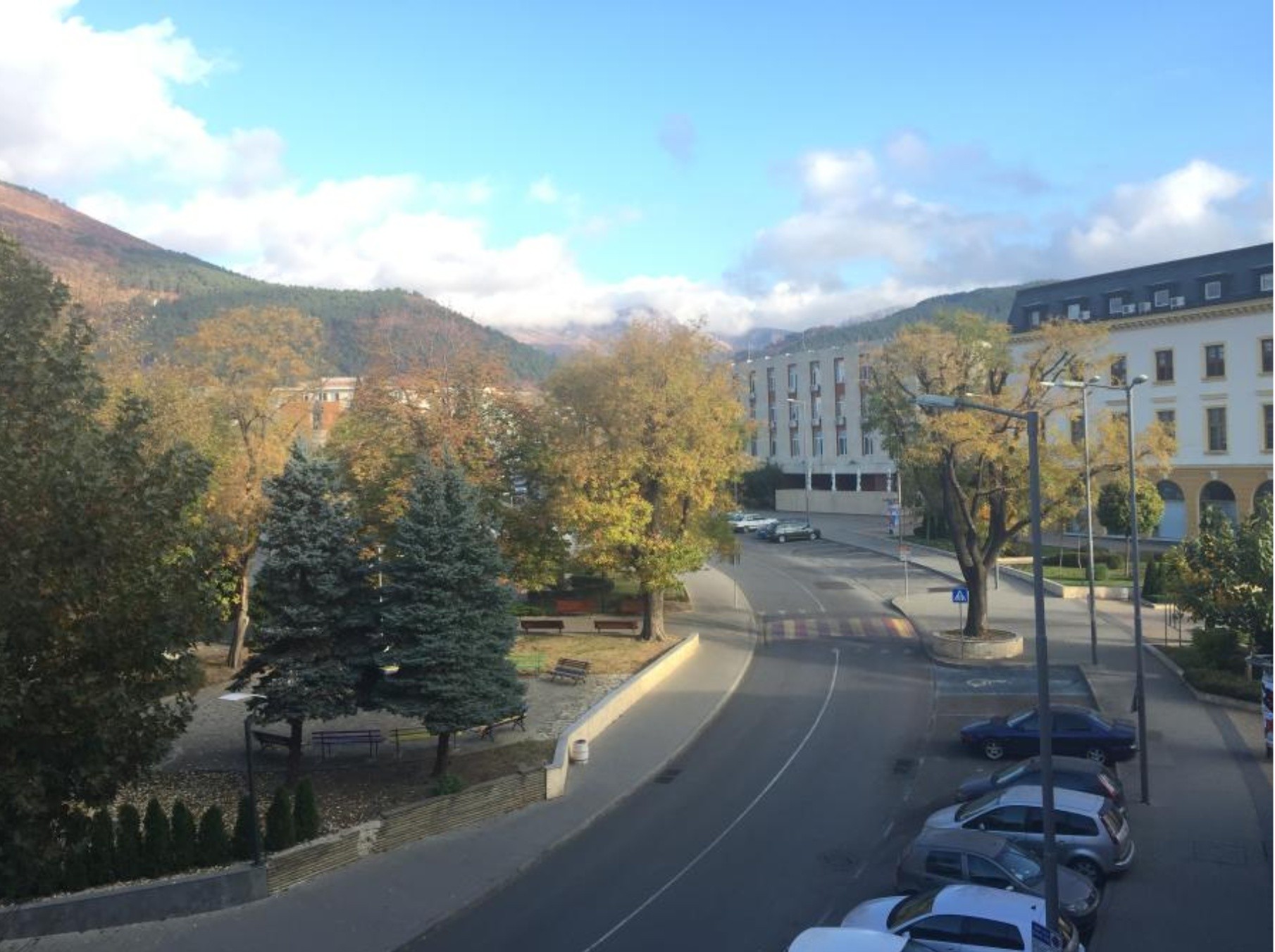 Eastern European town square with mountain backdrop autumn 2018 EEH visit