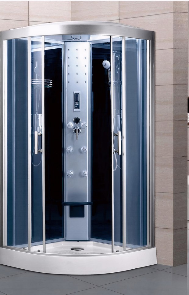 Corner steam shower room with control panel, body jets and handheld shower