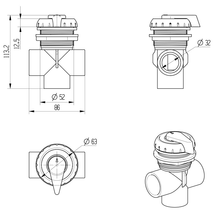 Spa Three-way Diverter Valve VA-002 Dimension