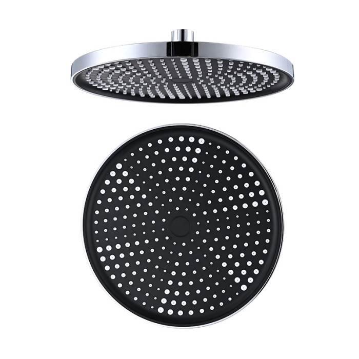 FL254 round overhead shower head shown from the side and the spray face