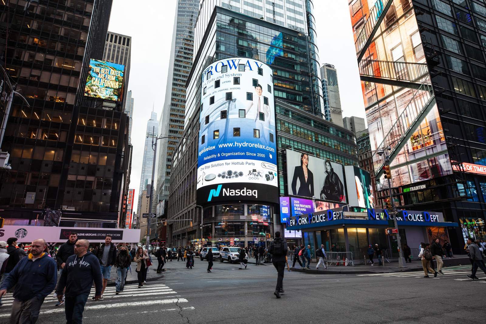 Wide view of the Hydrorelax and Proway Nasdaq Times Square campaign in New York