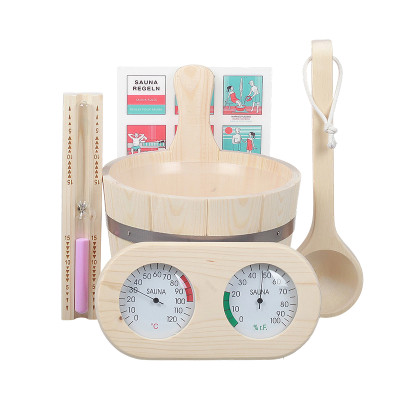 Sauna Kit V-B106 | Wholesale | Pine Wood Bucket Ladle Set With Thermometer Hygrometer and Sand Timer | B2B Bulk Supply
