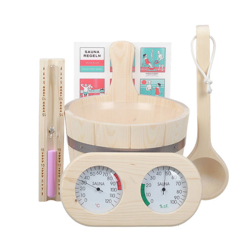 Sauna Kit V-B106 | Wholesale | Pine Wood Bucket Ladle Set With Thermometer Hygrometer and Sand Timer | B2B Bulk Supply