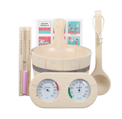 Sauna Kit V-B106 | Wholesale | Pine Wood Bucket Ladle Set With Thermometer Hygrometer and Sand Timer | B2B Bulk Supply