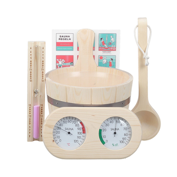 Sauna Kit V-B106 | Wholesale | Pine Wood Bucket Ladle Set With Thermometer Hygrometer and Sand Timer | B2B Bulk Supply