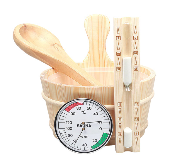 Sauna Kit V-B107 | Wholesale | Pine Barrel Bucket with Long Wooden Ladle | B2B Bulk Supply