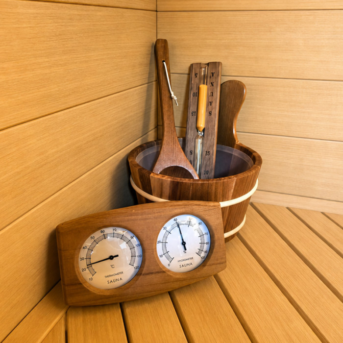 Sauna Bucket and Ladle Set YZ-002 | Wholesale | Canadian Cedar Bucket Package with Thermo-hygrometer | B2B Bulk Supply