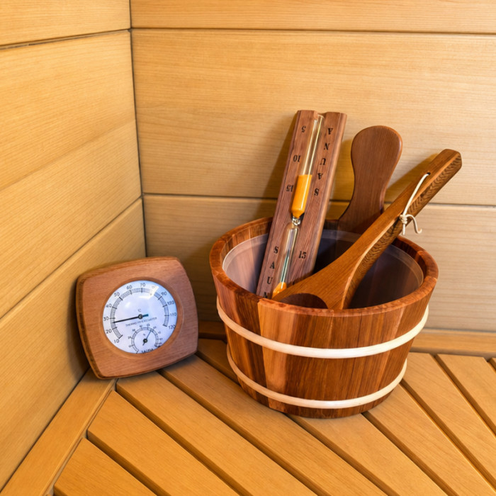 Sauna Bucket and Ladle Set YZ-003 | Wholesale | Canadian Cedar Bucket Ladle Set with 2 in 1 Thermometer & Hygrometer | B2B Bulk Supply