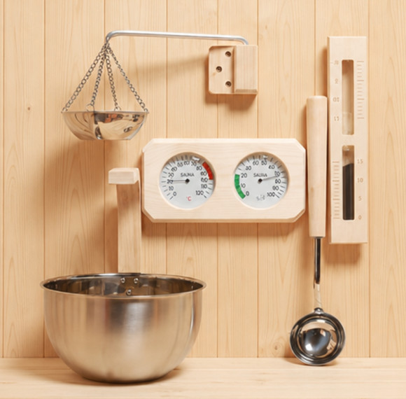 Sauna Bucket and Ladle Set V-B117 | Wholesale | Stainless Steel Bucket and Ladle with Wood-Grip Details | Wholesale Distribution