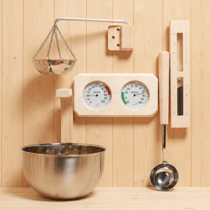 Sauna Bucket and Ladle Set V-B117 | Wholesale | Stainless Steel Bucket and Ladle with Wood-Grip Details | Wholesale Distribution